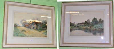 Lot 1141 - Two watercolours, signed John M Bromley, depicting a farmyard and a river/church scenes