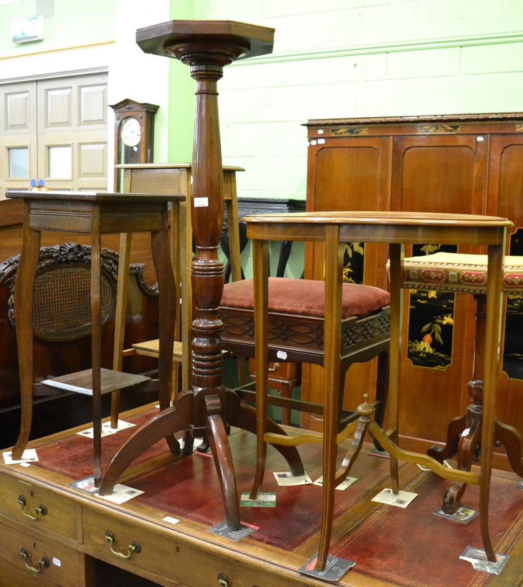 Lot 1168 - Two jardiniere stands, a piano stool, a torchere and an oval side table (5)