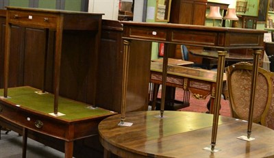 Lot 1170 - A Continental writing table with leather inset top and two small drawers; a pine inlaid...