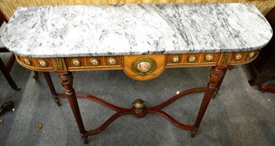 Lot 1229 - A 20th century Continental gilt metal and porcelain mounted side table with marble top, 121cm wide