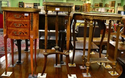 Lot 1243 - Three various Continental side tables, two with marble tops and one marquetry example