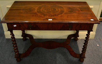 Lot 1284 - A line inlaid walnut side table, with single drawer on spiral turned supports, joined by a...