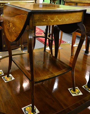 Lot 1294 - An Edwardian rosewood and marquetry inlaid dropleaf occasional table, with two rounded leaves...