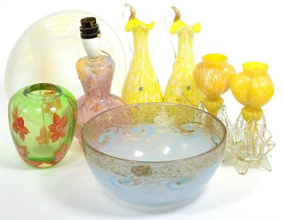 Lot 4 - A Monart Art Glass bowl, a French opalescent dish, Scottish glass lamp, Victorian glass vases...