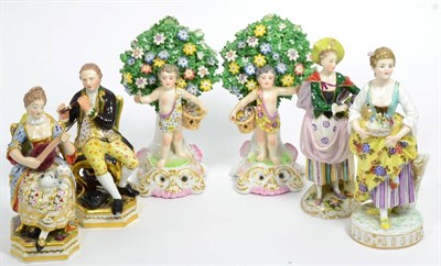 Lot 5 - A pair of early 19th century Derby figures of musicians, a pair of Derby style putti and two...