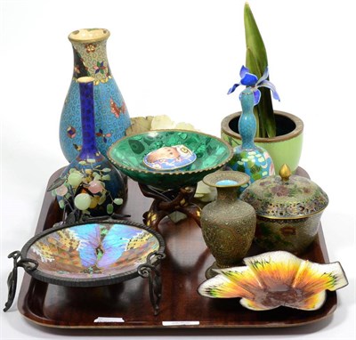 Lot 19 - A group of Oriental items including hardstone flowers, an enamelled flower in a cloisonne...