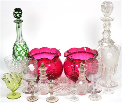 Lot 29 - A pair of cranberry hanging vases; 18th century decanters and 19th century glasses (2 trays)