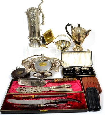 Lot 30 - Silver plated items including fish knives, a pedestal basket inscribed ''From Employees and Old...