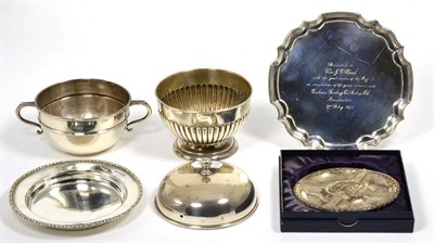 Lot 35 - A small silver pedestal bowl, marks rubbed; a silver butter dish and associated cover,...
