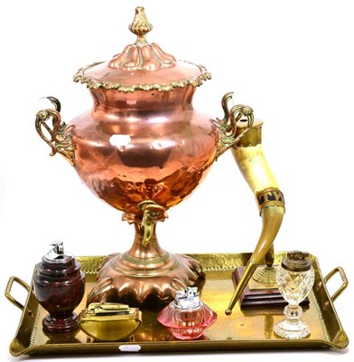 Lot 44 - A copper tray, a Victorian copper samovar, a horn and brass mounted desk stand and four table...