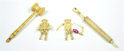 Lot 54 - Miniature bone gavel; pair of acrobats and a bone 'memory of Barnard Castle'