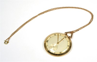 Lot 55 - A 9ct gold open faced pocket watch, retailed by Garrard, with attached chain, clasp stamped 9c
