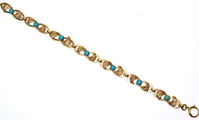 Lot 60 - A 9 carat gold turquoise bracelet, textured double oval links each with a round cabochon...