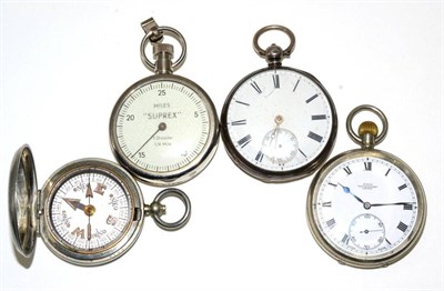 Lot 66 - A silver open faced pocket watch, nickel plated pocket watch, military compass, and a Miles...