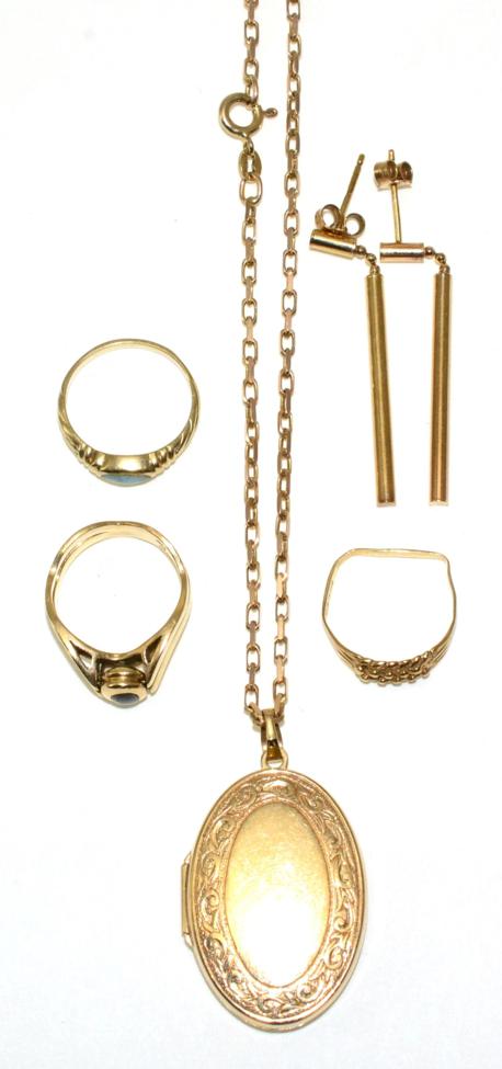 Lot 74 - A locket pendant on a 9 carat gold chain, locket measures 4cm by 2cm, chain length 52cm; a pair...