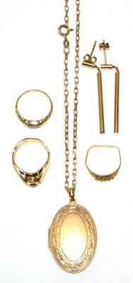 Lot 74 - A locket pendant on a 9 carat gold chain, locket measures 4cm by 2cm, chain length 52cm; a pair...