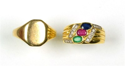 Lot 78 - A multi-gemstone and diamond ring, an oval cut sapphire, ruby and emerald in rubbed over...