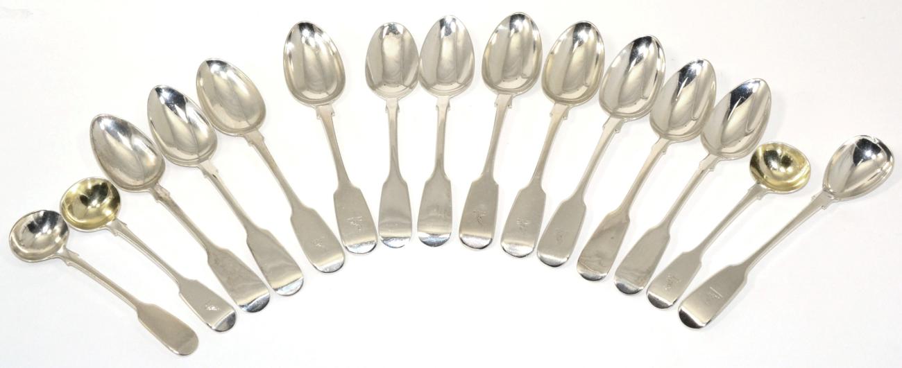 Lot 84 - A set of six early Victorian silver fiddle pattern teaspoons, James Beebe, London 1838; a set...
