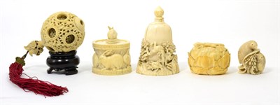 Lot 87 - Five Meiji period carved ivory items including netsukes and a puzzle ball