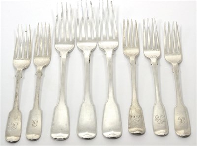Lot 89 - Three George III silver table forks, John Lias, London 1816; three Scottish fiddle pattern...