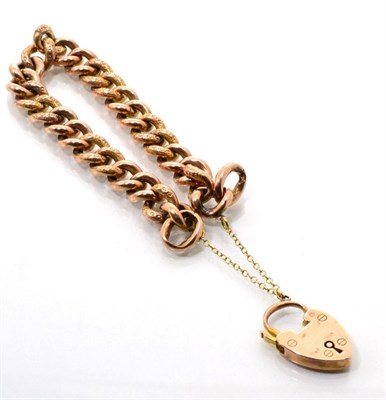 Lot 93 - A curb link bracelet, of plain and foliate engraved links, to a 9 carat rose gold padlock...