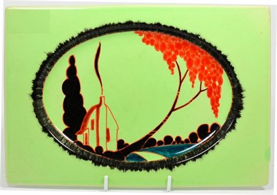 Lot 131 - Clarice Cliff Biarritz rectangular plate, decorated with orange house and black trees on a...