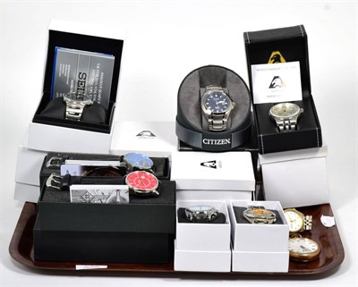 Lot 141 - A Seiko Solar wristwatch with box, Citizen titanium wristwatch with box, three Aurista wristwatches