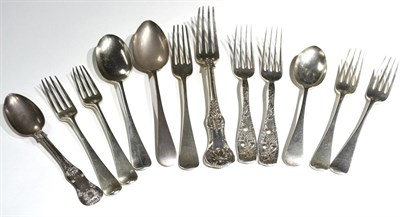 Lot 145 - A group of assorted silver flatware, comprising: a Queens pattern table fork, 1893; a pair of...