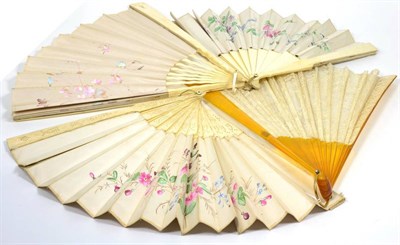 Lot 148 - Early 20th century cream lace mounted fan and three ivory and bone examples with hand painted...