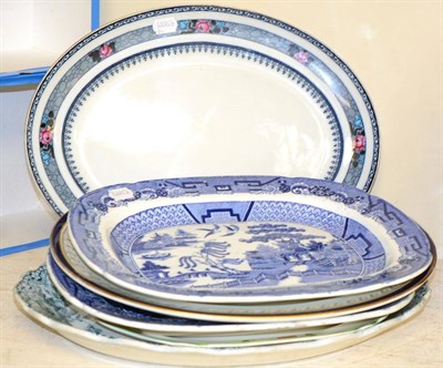 Lot 161 - Losol ware oval meat plate, two blue and white meat plates and three others
