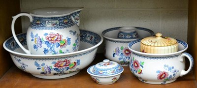 Lot 171 - A Keeling & Co Losol ware Chusan pattern toilet set, comprising jug and bowl, two chamber pots,...