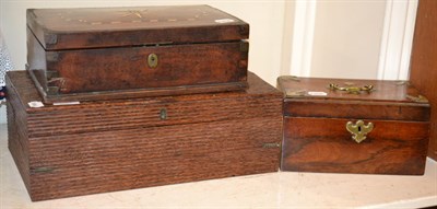 Lot 185 - An 18th century bone inlaid box, brass mounted caddy and a 19th century writing slope (3)