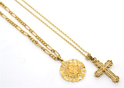 Lot 200 - A 9 carat gold fancy pierced St Christopher pendant on a 9 carat gold figaro chain, pendant...