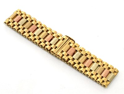 Lot 201 - A 9 carat tri-colour gold bracelet, alternating rose, white and yellow gold textured bar links to a