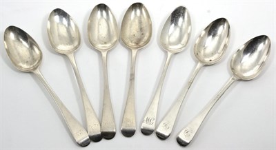 Lot 205 - Seven George III Old English pattern dessert spoons, comprising: 4 Richard Pearce, 1817; 2...