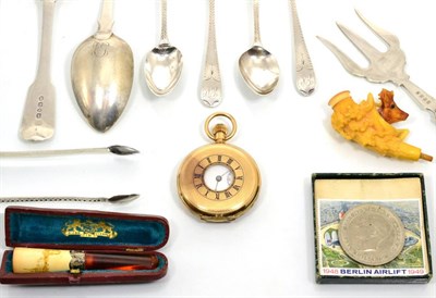 Lot 220 - A gold plated half hunter pocket watch, meerschaum pipe, silver spoons and tongs etc