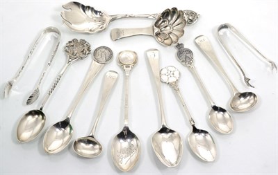 Lot 225 - A Willaim IV silver caddy spoon, Ledsam Vale & Co, Birmingham 1830 with scalloped bowl; a pair...