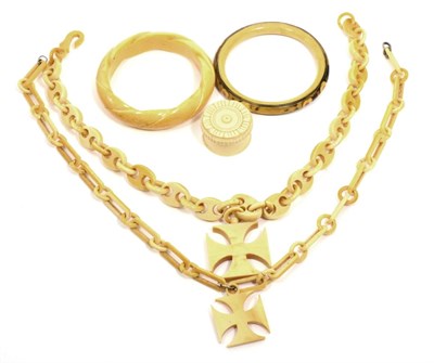 Lot 235 - Victorian ivory maltese cross pendant and chain; another similar; two carved bangles and a...