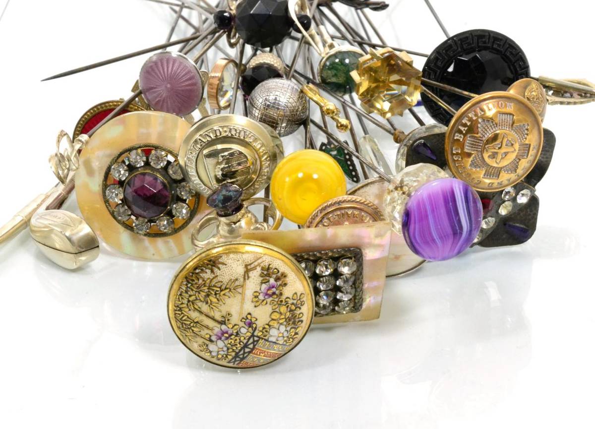 Lot 237 - A collection of hat pins including Charles Horner, silver golf clubs, Satsuma, military button etc