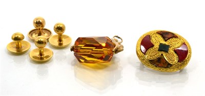 Lot 244 - An 18 carat gold dress stud and three others stamped '18CT'; a Scottish hardstone set brooch,...