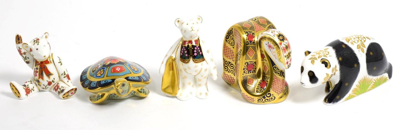 Lot 257 - Five Royal Crown Derby paperweights baby panda walking, snake, two bears and a terrapin