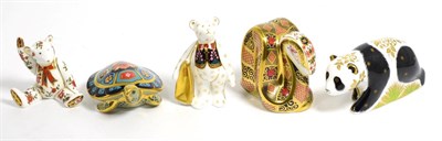 Lot 257 - Five Royal Crown Derby paperweights baby panda walking, snake, two bears and a terrapin