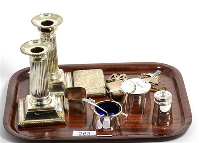 Lot 263 - A pair of silver candlesticks (loaded) and a small quantity of silver and plated items