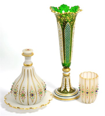 Lot 279 - A Bohemian gilt decorated glass vase; together with a frosted glass flash, stand and beaker,...