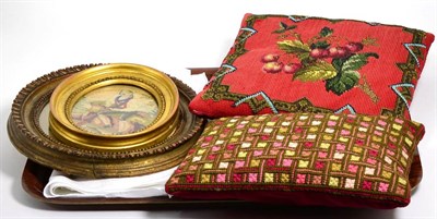 Lot 287 - Two petit point pictures, wool and bead cushion, small wool cushion and white cotton handkerchiefs