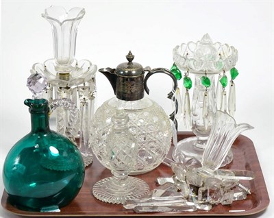 Lot 290 - A pair of Victorian glass table lustres, a single lustre, a silver plate and glass claret jug...