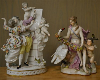 Lot 292 - A Meissen style porcelain figural group of Leda & the Swan, 18cms in height; together with a a...