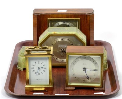 Lot 297 - An Elliott green onyx mantel timepiece, and two mahogany examples, together with a Mappin &...