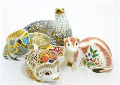 Lot 307 - Four Royal Crown Derby paperweights stoat, sea lion, hawthorn and fountain frog