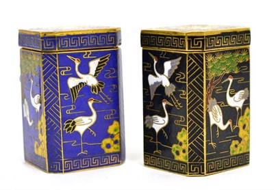 Lot 309 - Two early 20th century Japanese Cloisonne box and covers decorated with cranes, one on a blue...